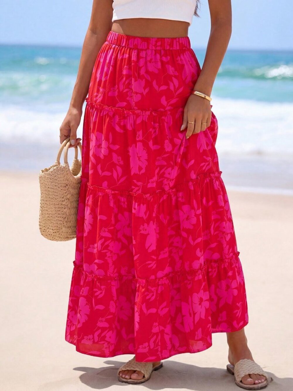 Red And Pink Casual Women's Floral Tiered A-Line Maxi Skirt